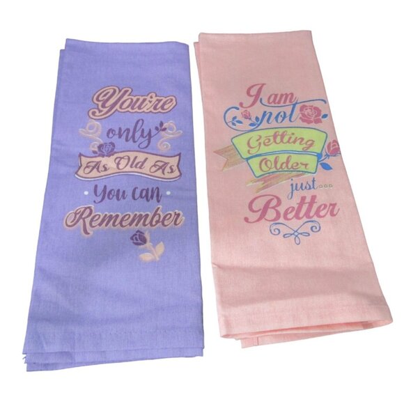 Witty Senior Birthday Aging Gracefully Tea Towels Set Pink Purple Cotton NWOT - Picture 1 of 13